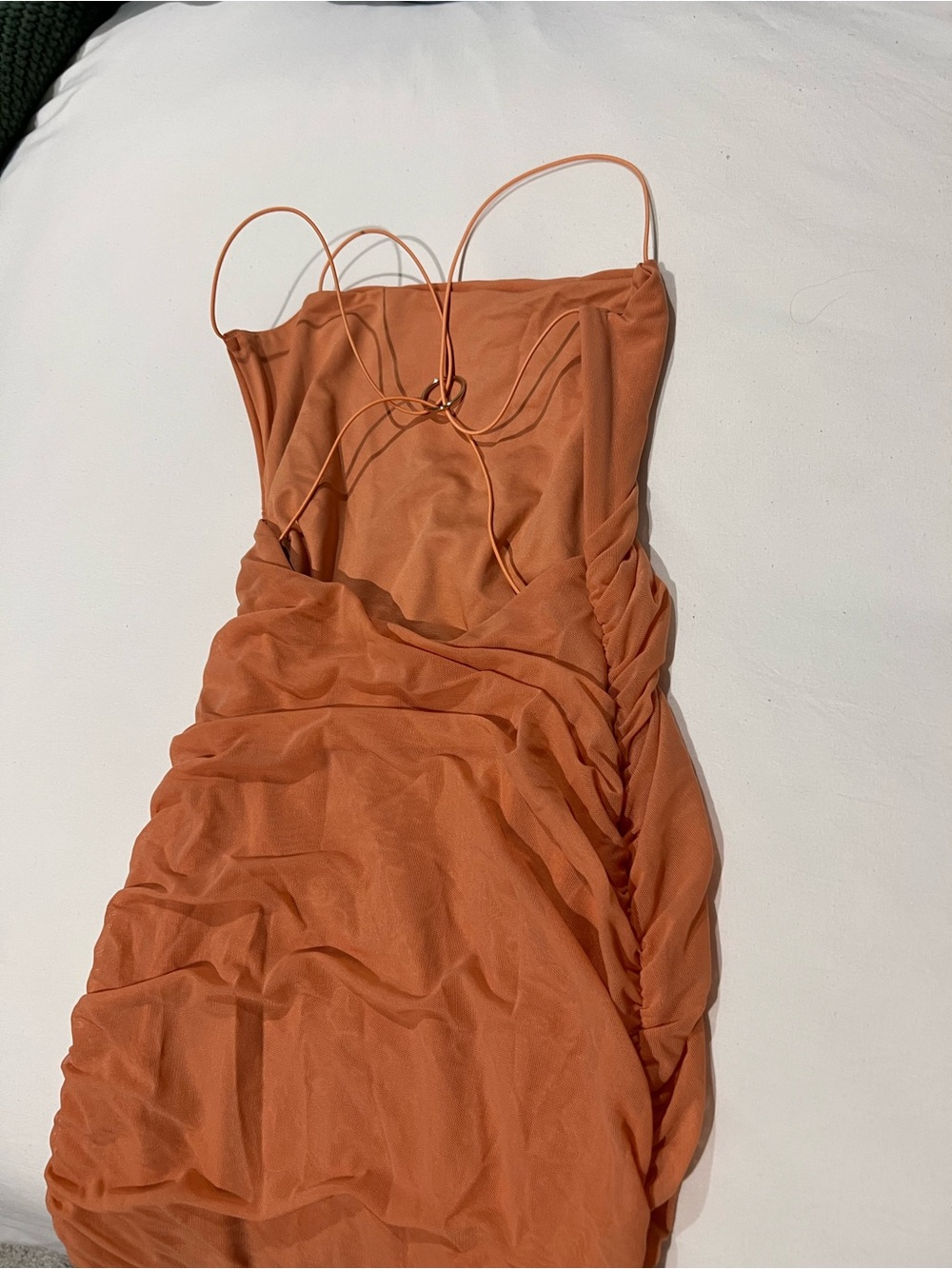 Oh Polly Burnt Orange Strapless Ruched Mini Dress with Loop Back